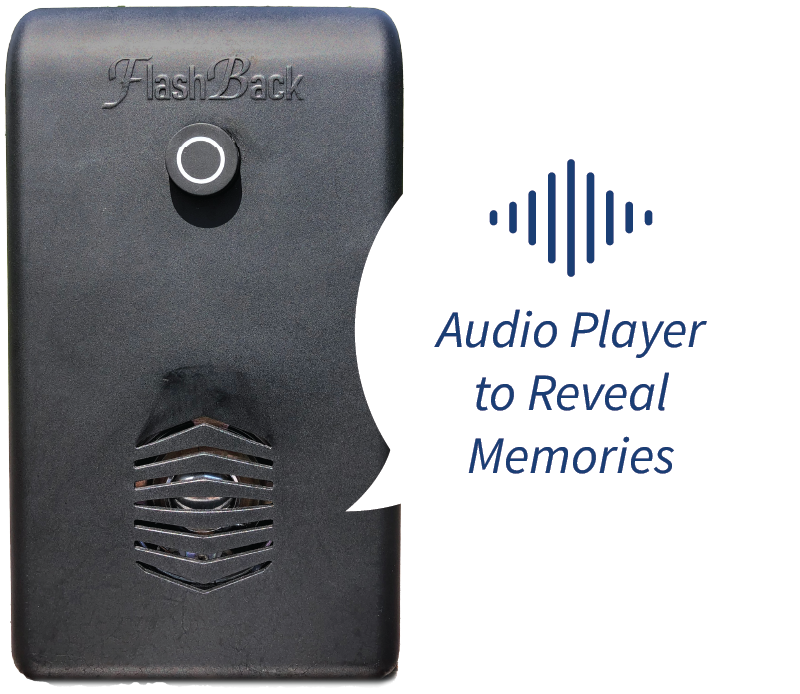 flashback-product-audio-player Close-up of the FlashBack memorial audio device, featuring a play button and speaker, with a label reading “Audio Player to Reveal Memories.”