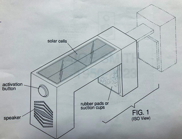 flashback-product-drawing Labeled technical diagram of the FlashBack memorial device, showing solar cells, activation button, speaker, and rubber pads or suction cups for mounting.