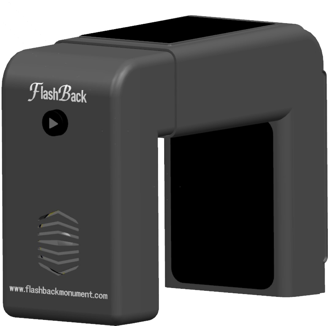 3D rendering of the FlashBack memorial audio device, showing the play button, speaker grill, solar panel, and headstone clamp design.
