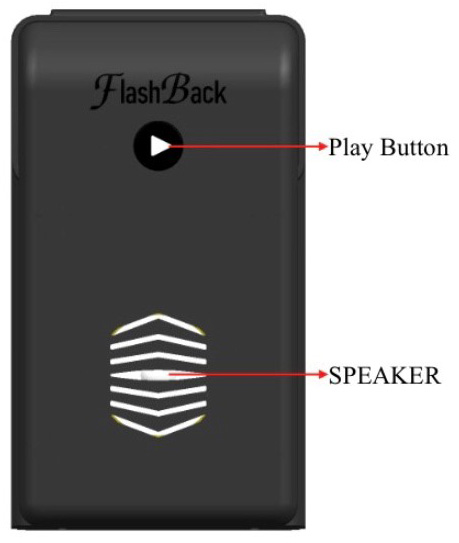 flashback-unit-play-speaker Front view of FlashBack memorial speaker showing the play button and built-in speaker for playing recorded messages at the gravesite.