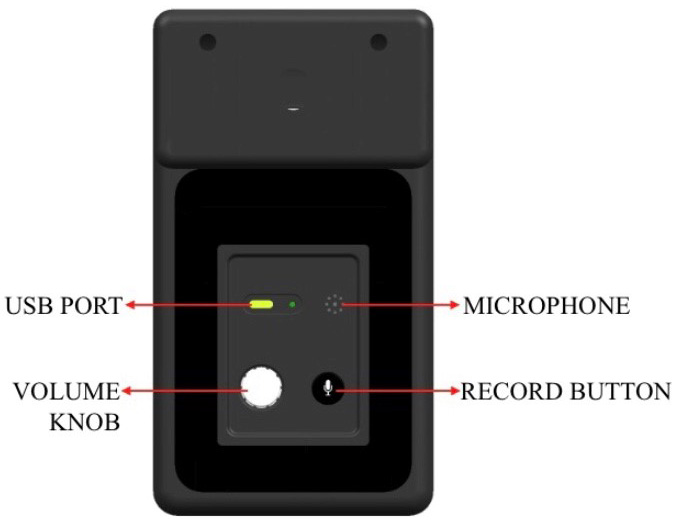flashback-unit-recording-buttons Interior view of FlashBack memorial device showing USB port, microphone, volume knob, and record button for customizing audio playback.